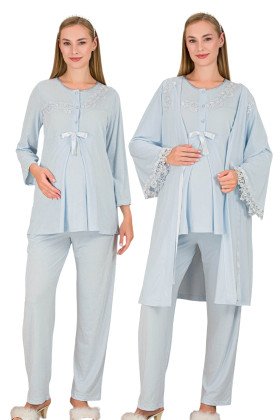 Bebe Mavi Renkli, Dantel Detaylı, Derin Patlı,  33007 Sabahlıklı 3lü Lohusa Hamile Pijama Takımı