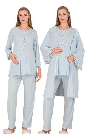 Bebe Mavi Renkli, Dantel Detaylı, Derin Patlı,  33007 Sabahlıklı 3lü Lohusa Hamile Pijama Takımı