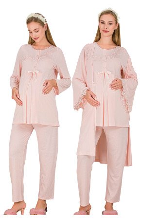 Bebe Pembe Renkli Derin Patlı, Dantel Detaylı,  33007 Sabahlıklı 3lü Lohusa Hamile Pijama Takımı