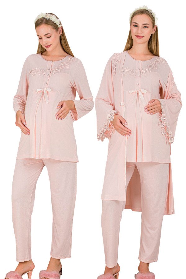 Pembe Renkli Derin Patlı,  33007 Sabahlıklı 3lü Lohusa Hamile Pijama Takımı | Lohusa-Sepeti.com