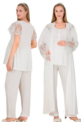 Ekru Renkli, Dantel Detaylı, Kısa Kol ve Derin Patlı,  33008 Sabahlıklı 3lü Lohusa Hamile Pijama Takımı