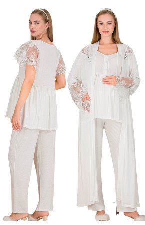 Ekru Renkli, Dantel Detaylı, Kısa Kol ve Derin Patlı,  33008 Sabahlıklı 3lü Lohusa Hamile Pijama Takımı