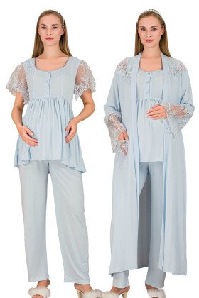 Bebe Mavi Renkli, Dantel Detaylı Kısa Kol, Derin Patlı,  33008 Sabahlıklı 3lü Lohusa Hamile Pijama Takımı