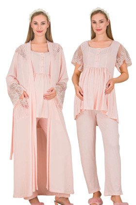 Bebe Pembe Renkli Derin Patlı, Dantel Detaylı,  33008 Sabahlıklı 3lü Lohusa Hamile Pijama Takımı