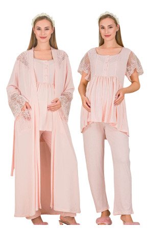 Bebe Pembe Renkli Derin Patlı, Dantel Detaylı,  33008 Sabahlıklı 3lü Lohusa Hamile Pijama Takımı