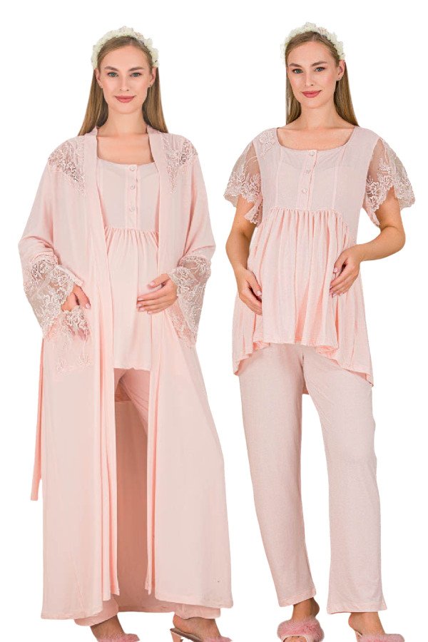 bebe pembe renkli derin patlı, dantel detaylı,  33008 sabahlıklı 3lü lohusa hamile pijama takımı, 8509990040314, lohusa pijama takımları, Lady