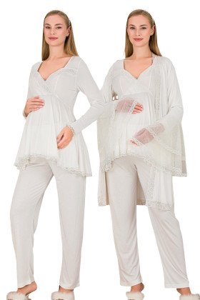Ekru Renkli, Dantel Detaylı, Uzun Kol ve Derin Patlı,  33009 Sabahlıklı 3lü Lohusa Hamile Pijama Takımı