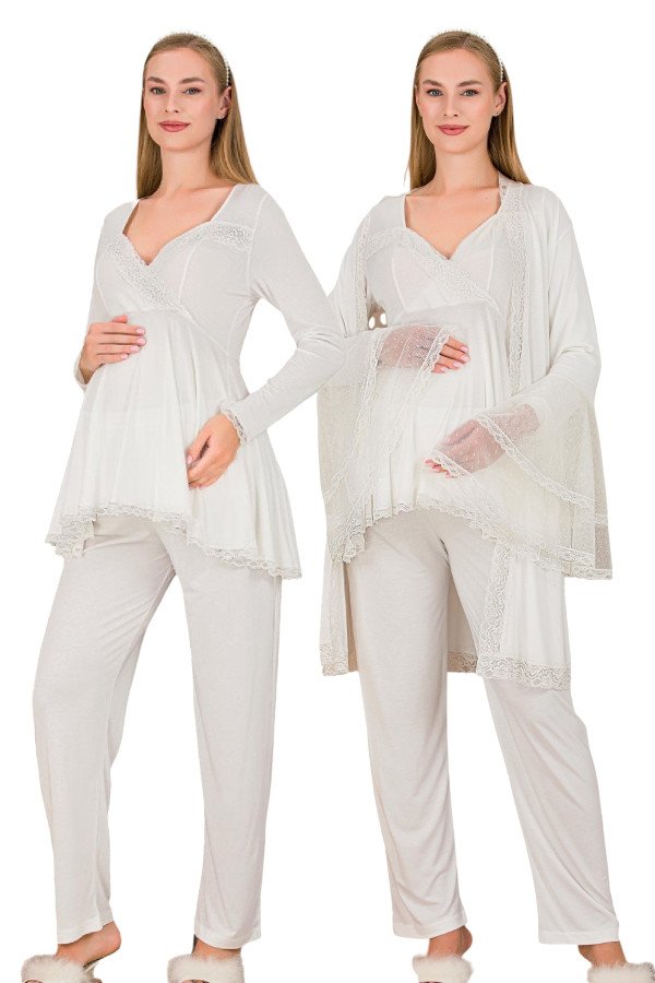 ekru renkli, dantel detaylı, uzun kol ve derin patlı,  33009 sabahlıklı 3lü lohusa hamile pijama takımı, 8509990040512, lohusa pijama takımları, Lady