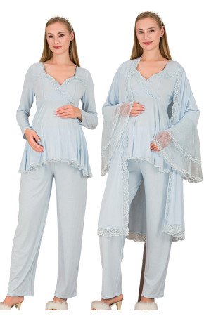 Bebe Mavi Renkli, Dantel Detaylı Uzun Kol, Derin Patlı,  33009 Sabahlıklı 3lü Lohusa Hamile Pijama Takımı
