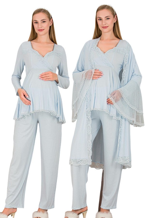 bebe mavi renkli, dantel detaylı uzun kol, derin patlı,  33009 sabahlıklı 3lü lohusa hamile pijama takımı, 8509990040475, lohusa pijama takımları, Lady