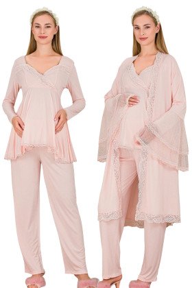 Bebe Pembe Renkli Derin Patlı, Dantel Detaylı,  33009 Sabahlıklı 3lü Lohusa Hamile Pijama Takımı