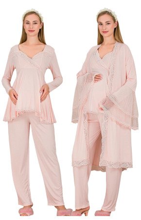 Bebe Pembe Renkli Derin Patlı, Dantel Detaylı,  33009 Sabahlıklı 3lü Lohusa Hamile Pijama Takımı
