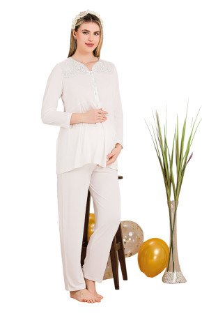 Ekru Renkli Dantel Detaylı, 33201 2li Lohusa Hamile Pijama Takımı