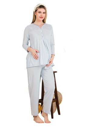 Bebe Mavi Renkli Dantel Detaylı, 33201  2li Lohusa Hamile Pijama Takımı