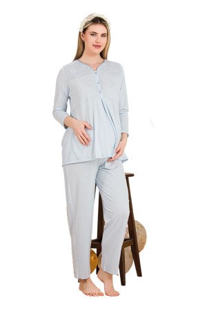 Bebe Mavi Renkli Dantel Detaylı, 33201  2li Lohusa Hamile Pijama Takımı