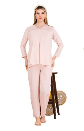 Bebe Pembe Renkli Dantel Detaylı, 33201  2li Lohusa Hamile Pijama Takımı
