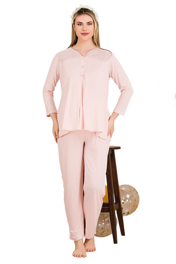 Bebe Pembe Renkli Dantel Detaylı, 33201,  2li Lohusa Hamile Pijama Takımı | Lohusa-Sepeti.com