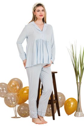 Bebe Mavi Renkli Gömlek Yakalı, 33202, 2 Parça Lohusa Hamile Pijama Takımı