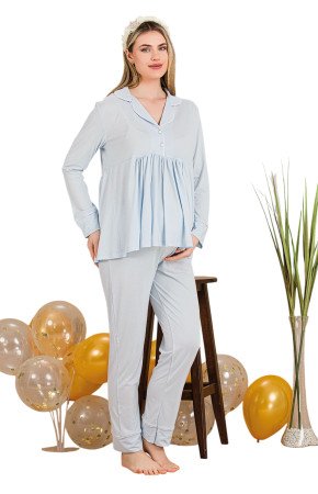 Bebe Mavi Renkli Gömlek Yakalı, 33202, 2 Parça Lohusa Hamile Pijama Takımı