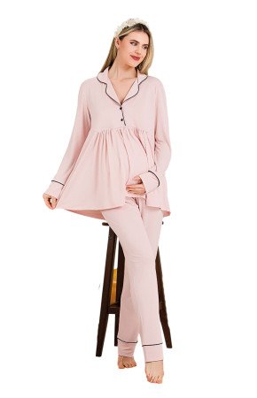 Bebe Pembe Renkli Gömlek Yakalı, 33202,  2 Parça Lohusa Hamile Pijama Takımı