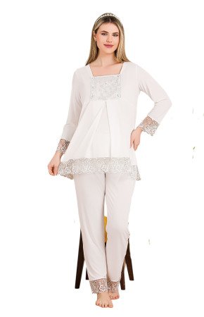 Ekru Renkli Dantel Detaylı, 33203,  2 Parça Lohusa Hamile Pijama Takımı