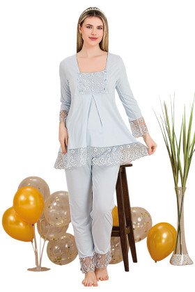 Bebe Mavi Renkli Dantel Detaylı, 33203,  2 Parça Lohusa Hamile Pijama Takımı