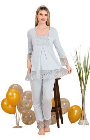 Bebe Mavi Renkli Dantel Detaylı, 33203,  2 Parça Lohusa Hamile Pijama Takımı