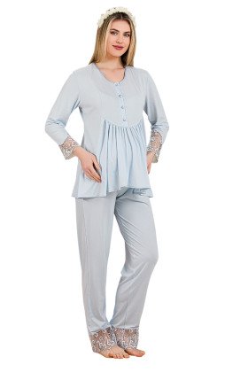Bebe Mavi Renkli Dantel Detaylı, 33204, 2 Parça Lohusa Hamile Pijama Takımı