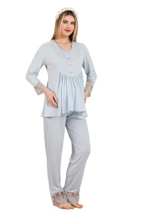 Bebe Mavi Renkli Dantel Detaylı, 33204, 2 Parça Lohusa Hamile Pijama Takımı