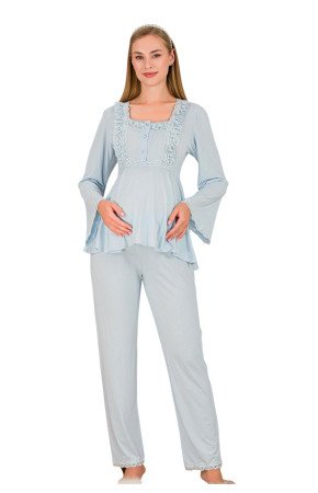 Bebe Mavi Renkli Dantel Detaylı, 33205, 2 Parça Lohusa Hamile Pijama Takımı