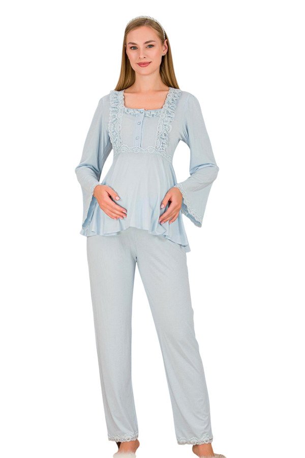 Bebe Mavi Renkli Dantel Detaylı, 33205, 2li Lohusa Hamile Pijama Takımı | Lohusa-Sepeti.com