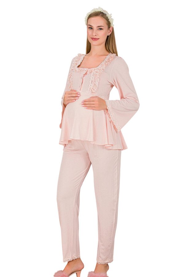 Bebe Pembe Renkli Dantel Detaylı, 33205, 2li Lohusa Hamile Pijama Takımı | Lohusa-Sepeti.com