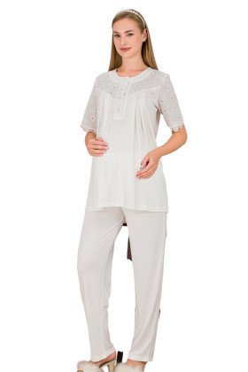 Ekru Renkli Dantel Detaylı, 33206, 2 Parça Lohusa Hamile Pijama Takımı