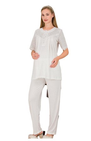Ekru Renkli Dantel Detaylı, 33206, 2 Parça Lohusa Hamile Pijama Takımı