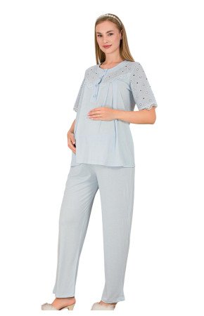 Bebe Mavi Renkli Dantel Detaylı, 33206, 2 Parça Lohusa Hamile Pijama Takımı