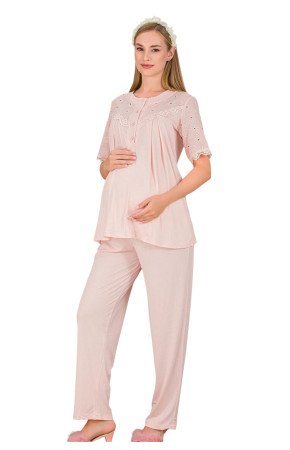 Bebe Pembe Renkli Dantel Detaylı, 33206, 2 Parça Lohusa Hamile Pijama Takımı