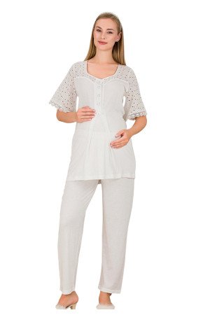 Ekru Renkli Dantel Detaylı, 33207, 2 Parça Lohusa Hamile Pijama Takımı
