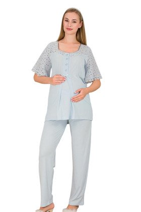 Bebe Mavi Renkli Dantel Detaylı, 33207, 2 Parça Lohusa Hamile Pijama Takımı