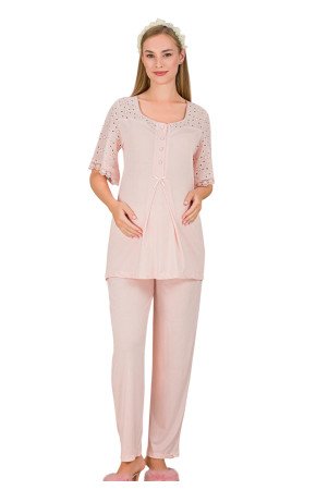 Bebe Pembe Renkli Dantel Detaylı, 33207, 2 Parça Lohusa Hamile Pijama Takımı