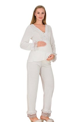 Ekru Renkli Dantel Detaylı, 33208, 2 Parça Lohusa Hamile Pijama Takımı
