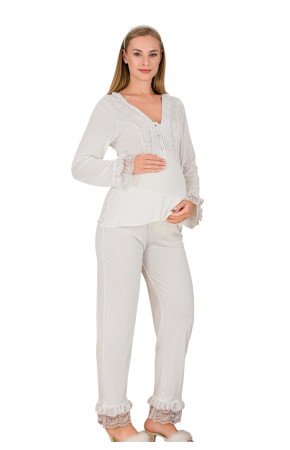 Ekru Renkli Dantel Detaylı, 33208, 2 Parça Lohusa Hamile Pijama Takımı