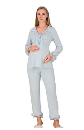 Bebe Mavi Renkli Dantel Detaylı, 33208, 2 Parça Lohusa Hamile Pijama Takımı