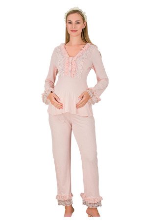 Bebe Pembe Renkli Dantel Detaylı, 33208, 2 Parça Lohusa Hamile Pijama Takımı