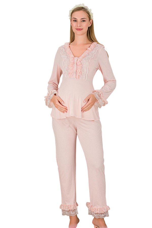 Bebe Pembe Renkli Dantel Detaylı, 33208, 2li Lohusa Hamile Pijama Takımı | Lohusa-Sepeti.com