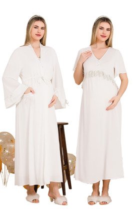 Ekru Renkli, Dantel Detaylı, Kısa Kol ve Derin Patlı,  33500 Sabahlıklı 2li Lohusa Hamile Gecelik Takımı