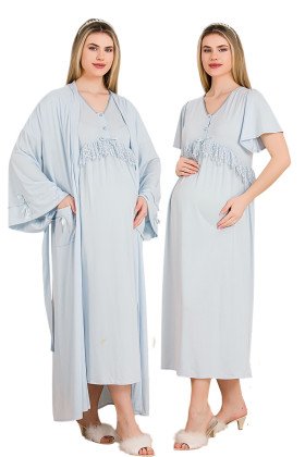 Mavi Renkli, Dantel Detaylı, Kısa Kol ve Derin Patlı,  33500 Sabahlıklı 2li Lohusa Hamile Gecelik Takımı