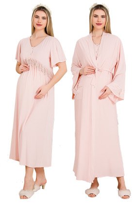 Pembe Renkli, Dantel Detaylı, Kısa Kol ve Derin Patlı,  33500 Sabahlıklı 2li Lohusa Hamile Gecelik Takımı