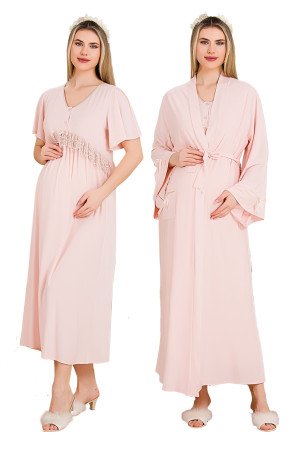 Pembe Renkli, Dantel Detaylı, Kısa Kol ve Derin Patlı,  33500 Sabahlıklı 2li Lohusa Hamile Gecelik Takımı