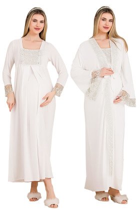 Ekru Renkli, Dantel Detaylı, Uzun Kol ve Derin Patlı,  33501 Sabahlıklı 2li Lohusa Hamile Gecelik Takımı