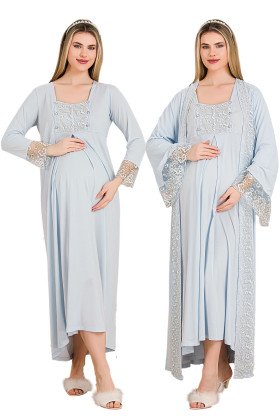 Mavi Renkli, Dantel Detaylı, Uzun Kol ve Derin Patlı,  33501 Sabahlıklı 2li Lohusa Hamile Gecelik Takımı